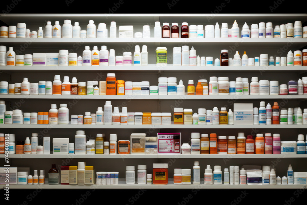 Medicine Health: A Vibrant Collection of Pharmaceutical Products on Shelves in a Modern Drugstore