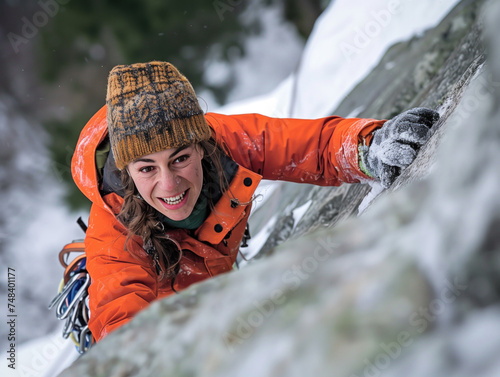 A female climber wearing large mittens on the headwall. photo