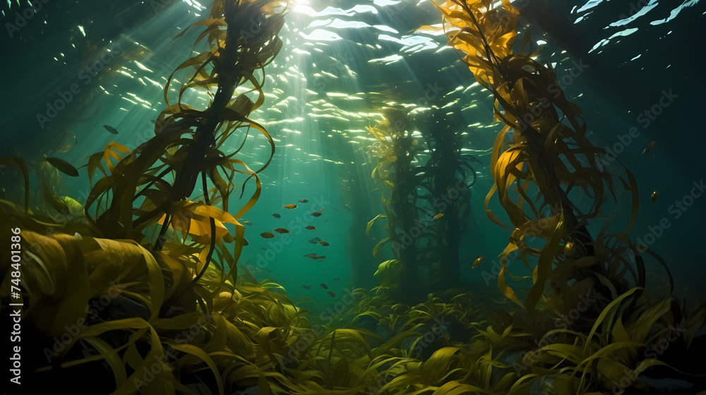 Seaweed and natural sunlight underwater seascape in the ocean Seaweed and natural sunlight underwater seascape in the ocean