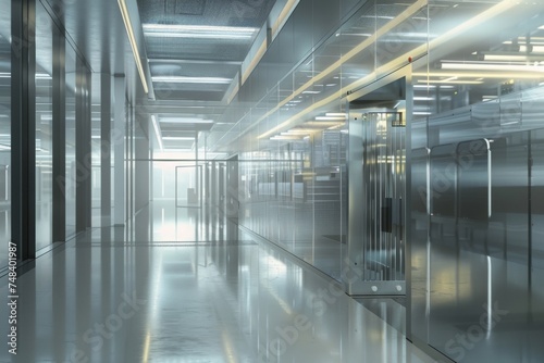 Futuristic corporate office corridor with reflective surfaces and modern design, showcasing architectural innovation and contemporary corporate environment 