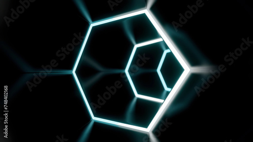 Flying inside dark virtual tunnel with neon hexagonal grid. Design. Bright neon grid of hexagons in the endless bending corridor.