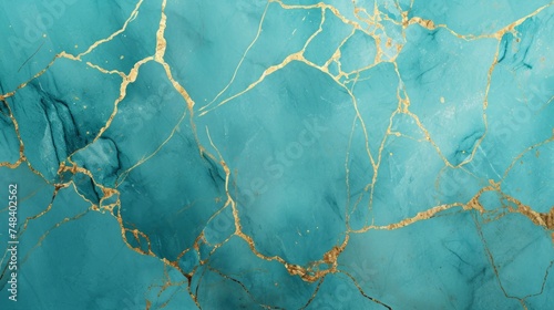illustration of turquoise marble texture background with cracked gold details generative ai © Francheska