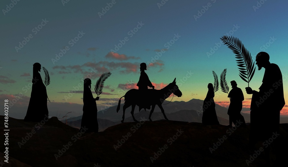 Domingo de Ramos Jesús montado en burro - obrazy, fototapety, plakaty 
