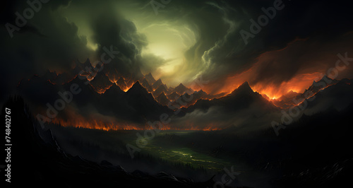 dark colorful background with mountains and sky with large clouds