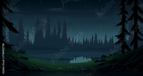 a night view of an outside river and treetops