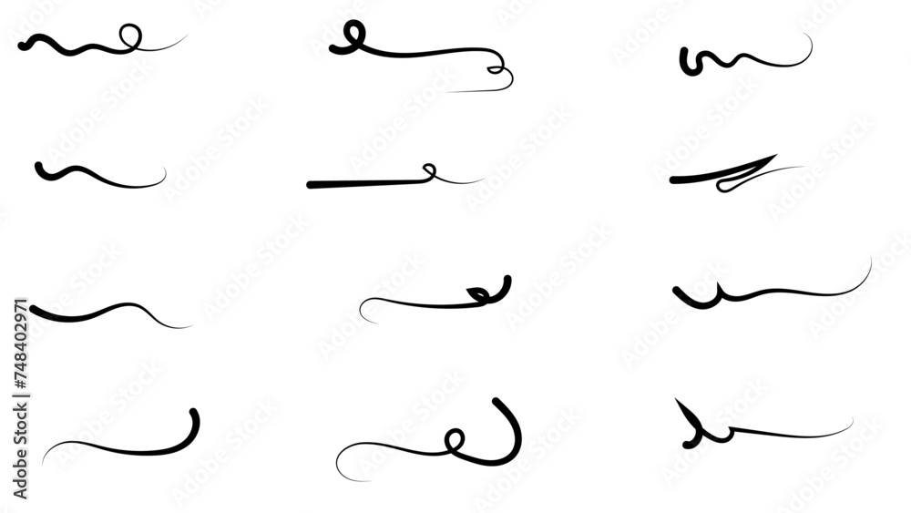 Swoosh swoops underline typography tail shape. Brush drawn thick curved smear. Hand drawn curly swish, swash, squiggle, twiddle. Vector calligraphy doodle swirl sign. Vector Underlined icon Swoosh swoops underline typography tail shape. Brush drawn thick curved smear. Hand drawn curly swish, swash, squiggle, twiddle. Vector calligraphy doodle swirl sign. Vector Underlined icon