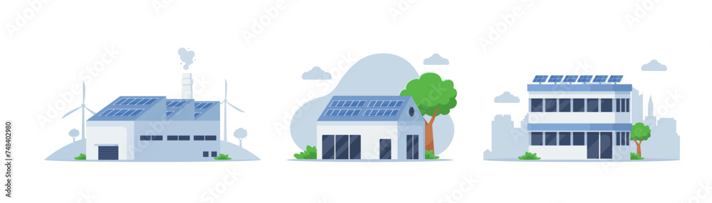 Naklejka premium Green energy building vector illustration set. Office building with solar panels on the roof. Sustainable clean industrial factory. Modern eco private house with solar panels. Renewable energy concept