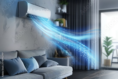 Innovative air conditioning system visualized with cool air flow in a modern living room, symbolizing comfort and advanced climate control technology 