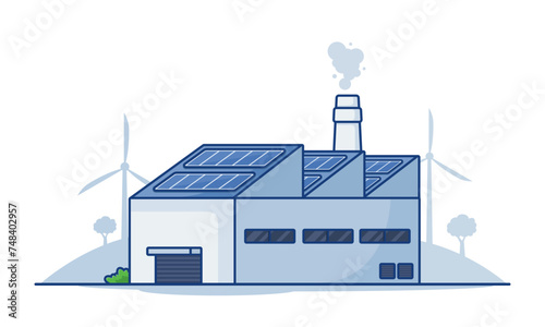 Green Industrial Factory with Renewable Energy. Wind Electricity Generators and Solar Panels on the roof. Eco Industrial Development Concept. Flat cartoon vector Illustration.