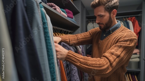 man putting some sweaters in a closet generative ai