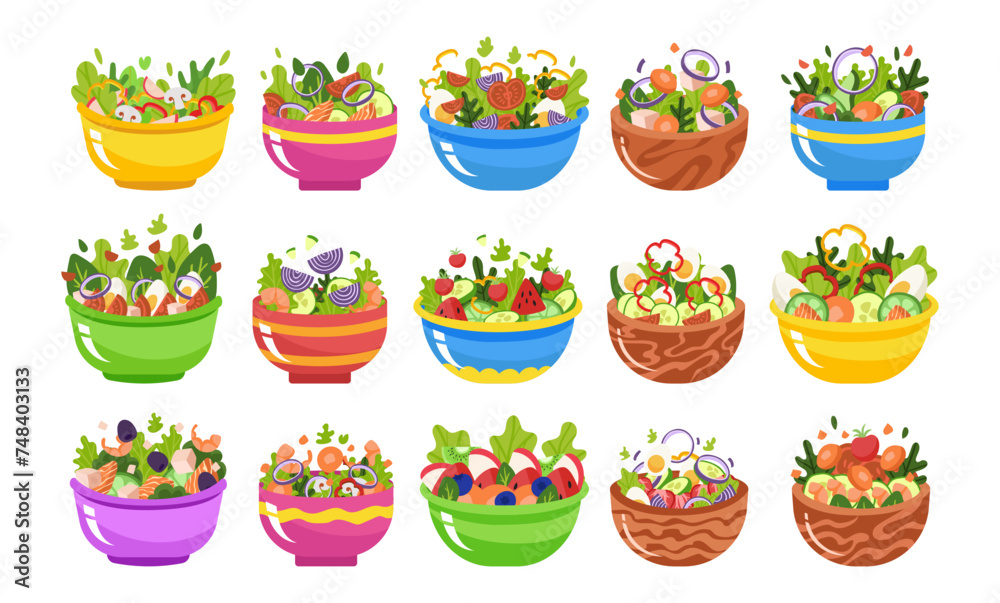 Salad bowl element vector illustration set Salad bowl element vector illustration set