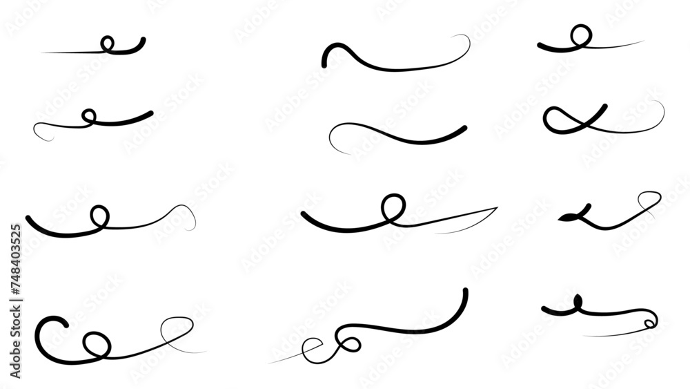Swoosh underline hand drawing set. Calligraphic inscriptions emphasize the curved line. typography elements. Collection of black brush strokes isolated on white background. vector illustration - obrazy, fototapety, plakaty 