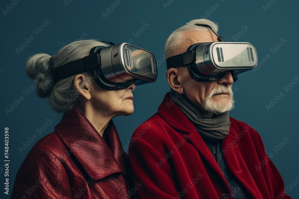 Playful Happy old couple vr glasses. Person lifestyle. Generate Ai Playful Happy old couple vr glasses. Person lifestyle. Generate Ai