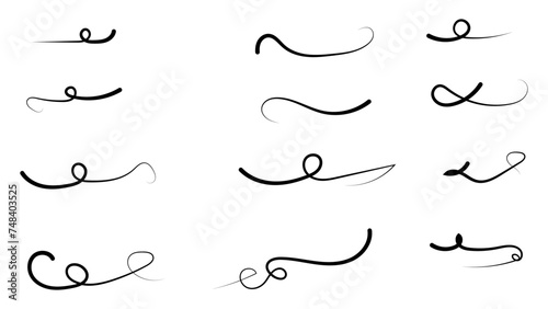 Swoosh underline hand drawing set. Calligraphic inscriptions emphasize the curved line. typography elements. Collection of black brush strokes isolated on white background. vector illustration