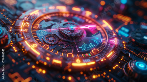 An abstract representation of a clock with gears and cogs illuminated in neon colors. The hands of the clock move feverishly as charts and graphs appear and disappear symbolizing photo