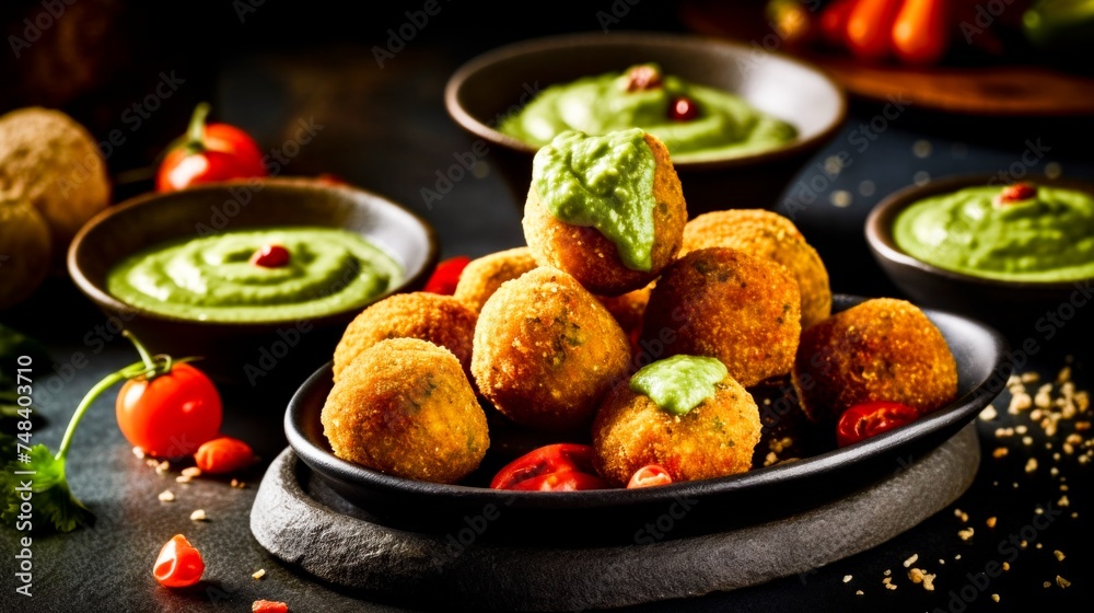 Crispy brown falafel balls accompanied by a vibrant green sauce, garnished with herbs on a rustic setup. Crispy brown falafel balls accompanied by a vibrant green sauce, garnished with herbs on a rustic setup.