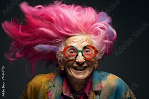 Distinctive Old lady colored hair. Face fun wavy. Fictional person. Generate Ai