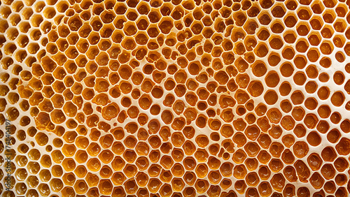 Close-up view of a honeycomb filled with honey, showcasing the intricate pattern and golden hues.
