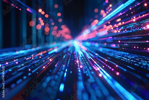 Abstract futuristic background with neon lines and bokeh lights moving at high speed Representing data transfer and digital communication in a visually dynamic way photo