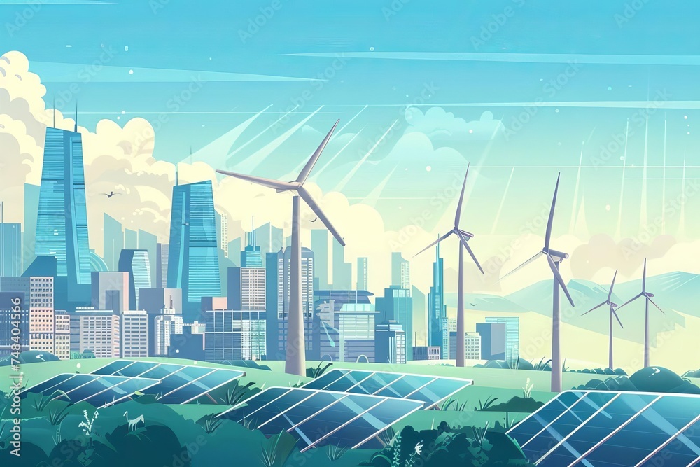 Conceptual illustration of a city powered by renewable energy With wind turbines and solar panels visible