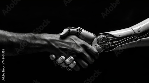 Close-Up Capture: Handshake Between Human and Robot, Embodies AI Concept. Fusion of Technology and Humanity. Perfect for Tech Blogs, AI Presentations, and Robotics Innovations