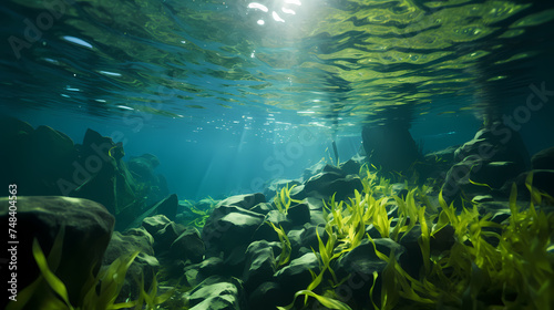 Green algae background in nature, ocean bottom