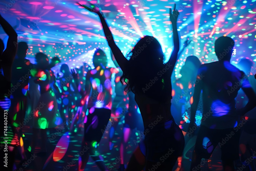 Dynamic silhouette of a crowd dancing energetically on a dance floor Illuminated by colorful disco lights