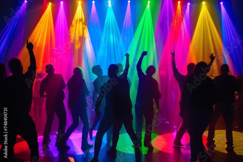 Dynamic silhouette of a crowd dancing energetically on a dance floor Illuminated by colorful disco lights