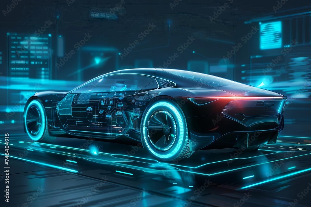 Futuristic electric car with digital technology interface Emphasizing innovation in automotive design