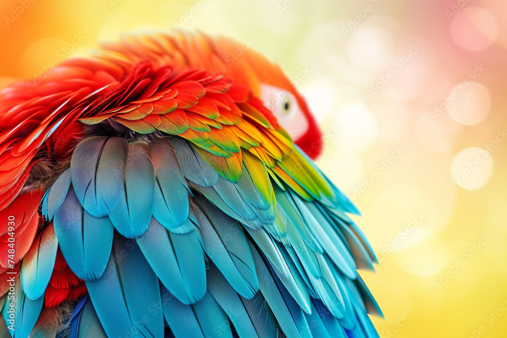 Obraz premium Colorful parrot, brightly colored fancy feathers on an illuminated background with bokeh effect