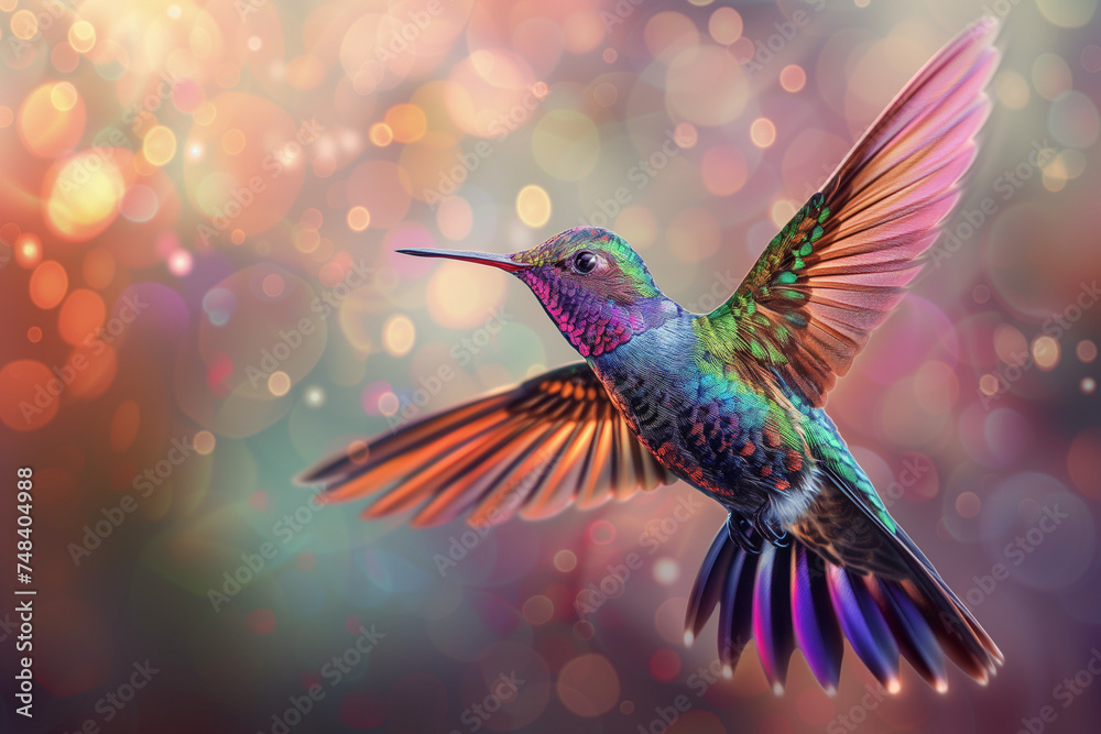 Colorful hummingbird, flying in a bright sky of bokeh lights with copy space, small bird with wings in flight