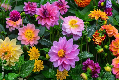 Garden scene with colorful dahlia flowers after rain Offering a vibrant and natural aesthetic for outdoor designs