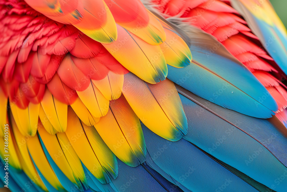 Obraz premium Colorful parrot, blue, yellow and red feathers in close-up of a bird of paradise