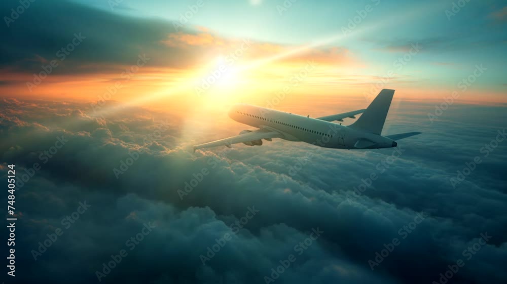 Airplane flying over cloudscape at sunrise. Seamless looping time-lapse 4k video animation background