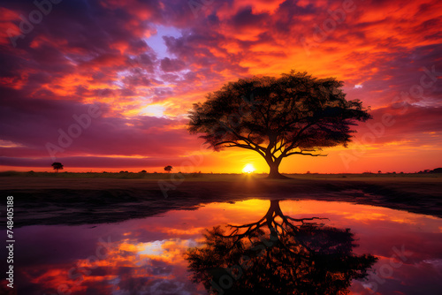Enchanting Symphony of Colors: A Breathtaking Sunset Over a Tranquil Silhouetted Forest © Austin
