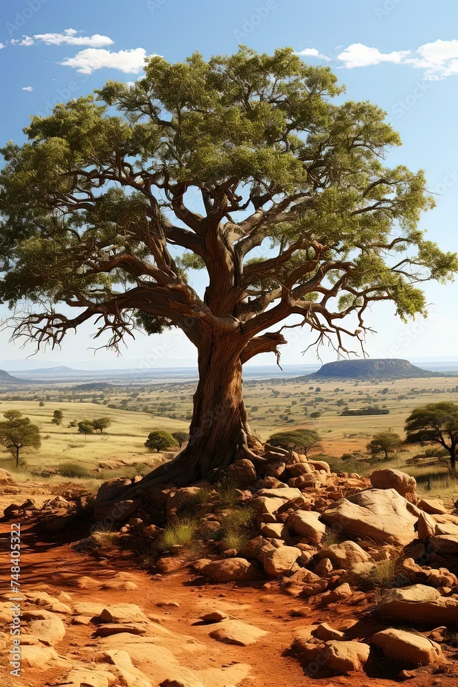 a large tree sitting on top of a rocky hillside