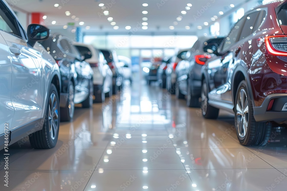 Showroom floor blurred background with rows of new cars Emphasizing the vast selection and modern automotive industry Showroom floor blurred background with rows of new cars Emphasizing the vast selection and modern automotive industry