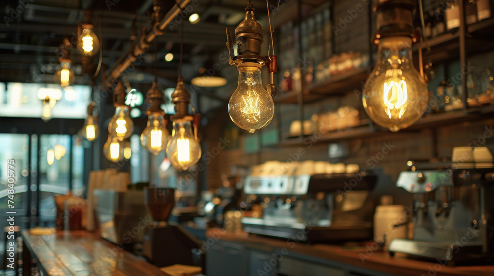 A row of narrow Edison bulbs suspended from the ceiling creating a warm industrial atmosphere in the cafe. - obrazy, fototapety, plakaty 