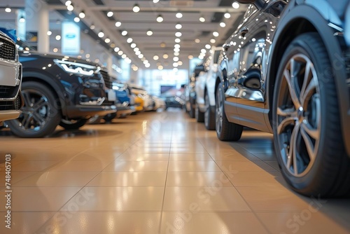 Showroom floor blurred background with rows of new cars Emphasizing the vast selection and modern automotive industry © Jelena