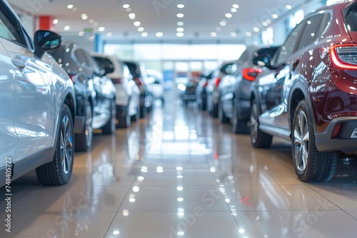 Wallpaper Mural Showroom floor blurred background with rows of new cars Emphasizing the vast selection and modern automotive industry Torontodigital.ca