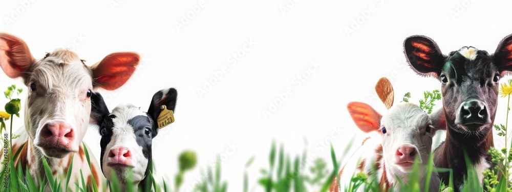 Fototapeta premium Four curious cows peeking through tall green grass, with clear blue sky in the background, capturing the essence of rural farm life and livestock curiosity. Concept of agriculture, farm animals, and c