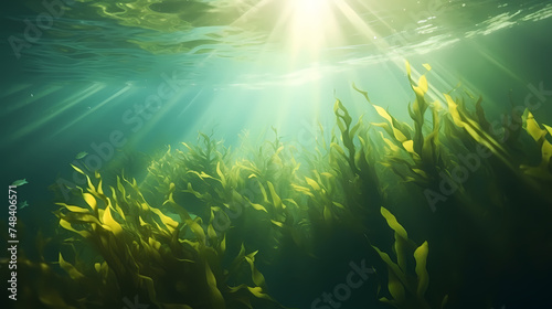 Green algae background in nature, ocean bottom photo