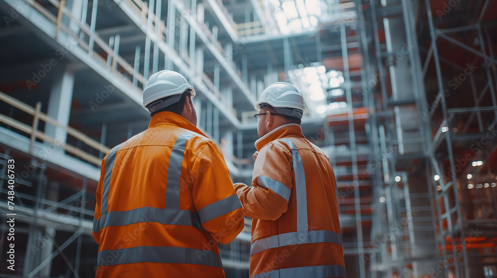 Two Engineer Technician in Safety Vests standing and looking at the construction site. Professional engineer at work. Two Engineer Technician in Safety Vests standing and looking at the construction site. Professional engineer at work.