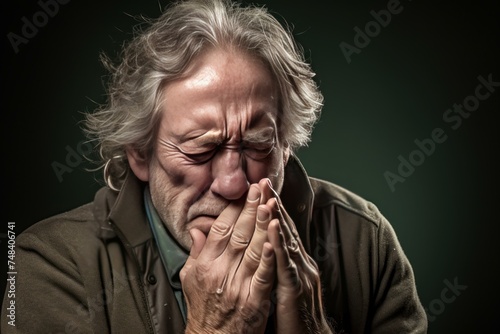 Wrinkled Old senior blowing nose. Nose virus flu. Generate Ai