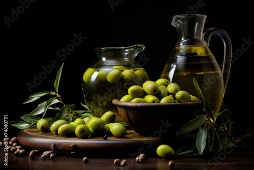 Nutritious Olive oil bottle virgin. Ripe extra food. Generate Ai