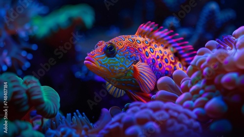 In the depths of the sunless seas a vibrant coral reef teems with life. Colorful and intricately patterned fish swim a the coral which glows softly in the absence of sunlight. © Justlight
