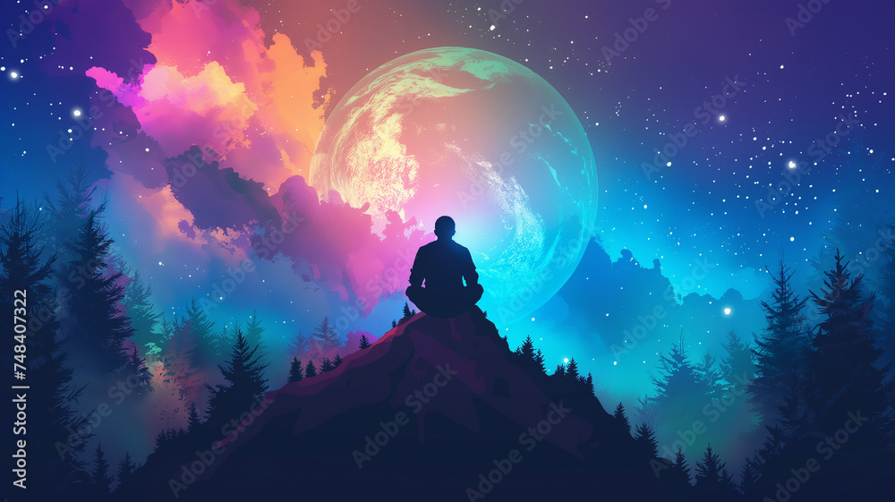 Silhouette of man sitting on the mountain top with independent and colorful beautiful sky Silhouette of man sitting on the mountain top with independent and colorful beautiful sky