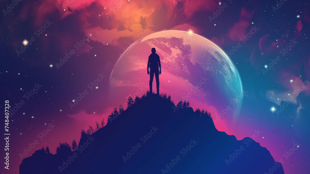 Silhouette of man standing on the mountain top and looking at the earth with independent and colorful beautiful sky