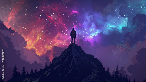 Silhouette of man standing on the mountain top with independent and colorful beautiful sky