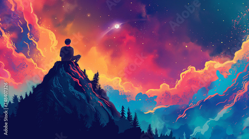 Silhouette of man standing on the mountain top with independent and colorful beautiful sky